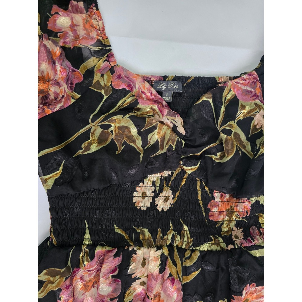 Lily Rose Floral Puff Sleeve Smocked Mini Dress Black Mauve Size Small - Picture 8 of 16